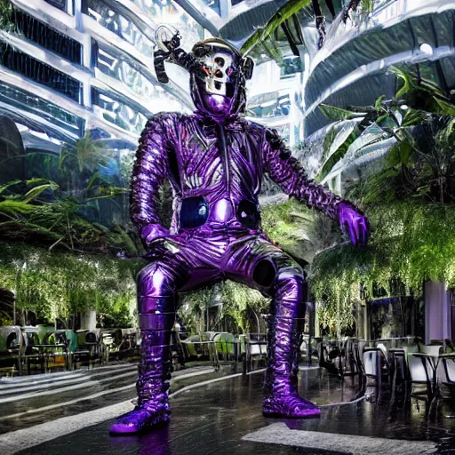 Image similar to conde nast traveler photo, inside a futuristic detailed alien jungle made out of shiny reflective chrome, futuristic android with limbs made out of stretchy rubber tubing mixed with shiny colorful giant intricate detailed chrome gauntlets and chest piece and luchador mask, wearing a long purple velvet cape, fog and mist