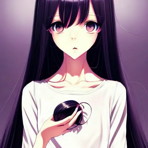 Image similar to attractive elegant sophisticated reservedyoung woman, slim figure, perfect silky straight hair, smooth tan skin, dark circles under bemused eyes, hip emo fashion, tshirt!!, shorts!!, illustrated for newtype magazine!! by range murata!!!, pinterest, very interesting digital painting, beautiful portrait!!!