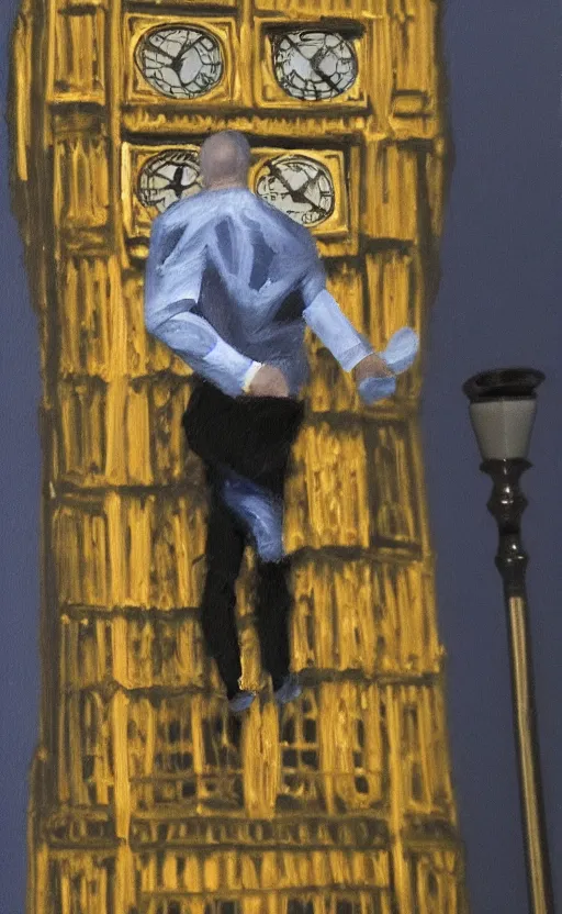 Image similar to detailed photorealistic painting of a man with a miniature big ben between his legs