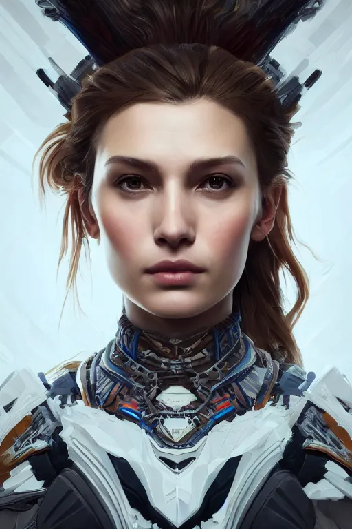 Image similar to symmetry!! portrait of woman with hawk features in the style of horizon zero dawn, machine face, intricate, elegant, highly detailed, digital painting, artstation, concept art, smooth, sharp focus, illustration, art by artgerm and greg rutkowski and alphonse mucha, 8 k