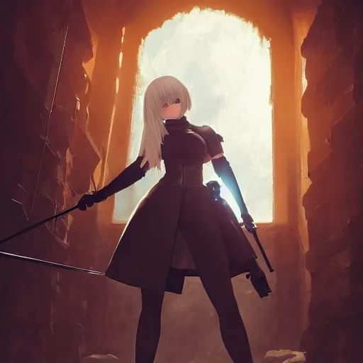 Image similar to a painting of 2 b nier automata tied up in a dungeon, full view, popular on artstation, artstationhd, artstationhq 8 k, volumetric lighting, trending on artstation, artstationhd, artstationhq, ultra detailed, detailed face, by artgerm and james gurney, greg rutkowski