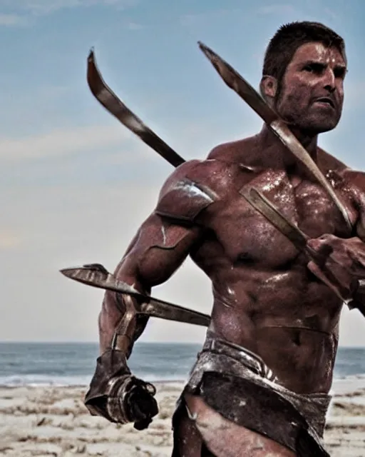 Image similar to spartan warrior sprinting on beach, epic award winning action cinematic still from the movie 3 0 0, muscles,