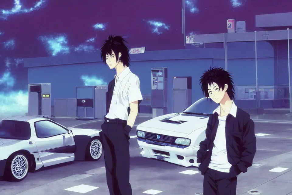 Image similar to aesthetic illustration of very serious ryosuke takahashi with black hair wearing a dark blue shirt and white pants stands near mazda rx 7 on an empty gas station at dusk, initial d anime 1 0 8 0 p, detailed anime face, high detail, 9 0 s anime aesthetic, volumetric lights, unreal engine 5 render, pinterest wallpaper, trending on artstation