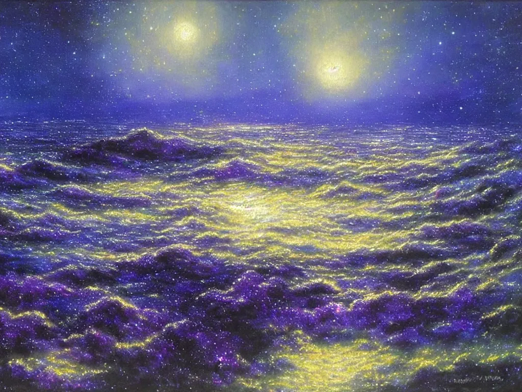 Image similar to a beautiful magical moonlit blue and purple landscape full of ethereal sparkling glowing blue lights with a beautiful galaxy sky and a glistening glittery ocean, soft lighting, ultra high detail, oil on canvas, HD, by Gilbert Williams