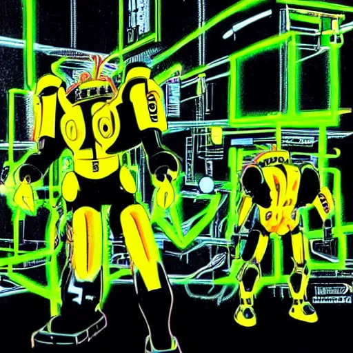 Prompt: the headless fullmetal kerberos robot sirius in electrical wired neon yellow noir outfit, with eyelike neon lights in its torso, colored manga illustration by yoji shinkawa and james jean