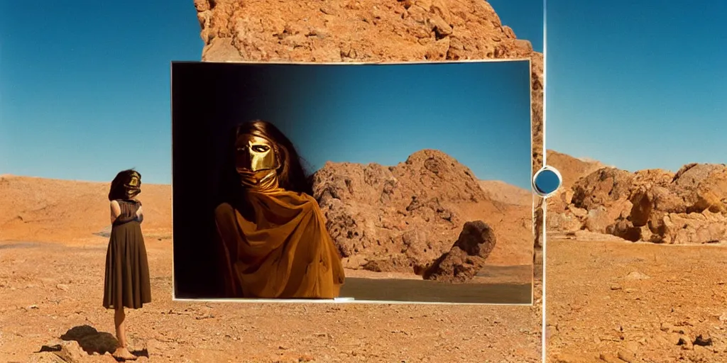 Image similar to levitating woman with full - face golden mask in a dry rocky desert landscape, visible sky and sunny atmosphere, fata morgana and giant square mirrors by alejandro jodorowsky, anamorphic lens, kodakchrome, practical effects, masterpiece, 8 k