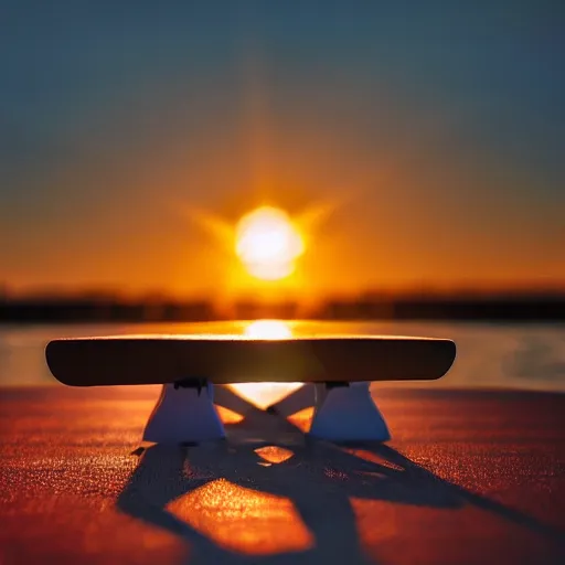 Prompt: Table Tennis bat on a table in front of a sunset at the seaside