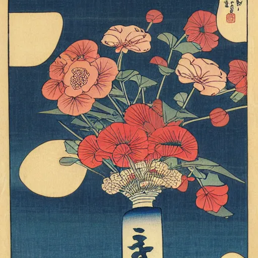 Image similar to bouquet of flowers, centered, symmetrical, ukiyo-e style, Hokusai, Hiroshige