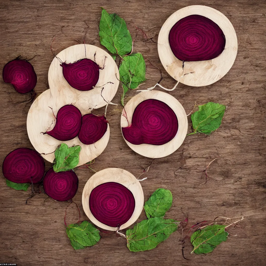 Image similar to embroidered beetroot with embroidered leaves and fractal roots, over vivid wood table, food photography. post - production : super detailed : masterpiece