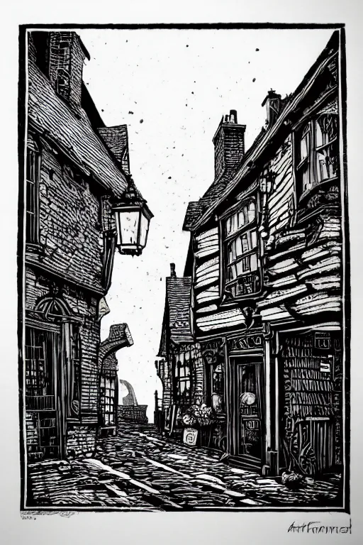 Image similar to a beautiful woodcut print of shambles and little shambles york, 8 k, frostbite 3 engine, cryengine, dof, trending on artstation, digital art, crepuscular ray, art by fossi _ images and tugboat printshop