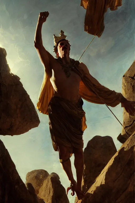 Image similar to ancient roman steve buscemi ascending wearing the civic crown while he levitates and hovers above the ground glowing with power small rocks and pebbles begin lifting off the ground around him, art by anders zorn, wonderful masterpiece by greg rutkowski, beautiful cinematic light, american romanticism by greg manchess, jessica rossier