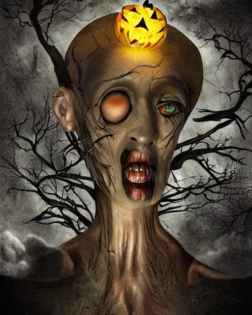 Image similar to halloween ghost theme surrealist art in the styles of igor morski, jim warren, and a tim burton film, intricate, hyperrealistic, volumetric lighting