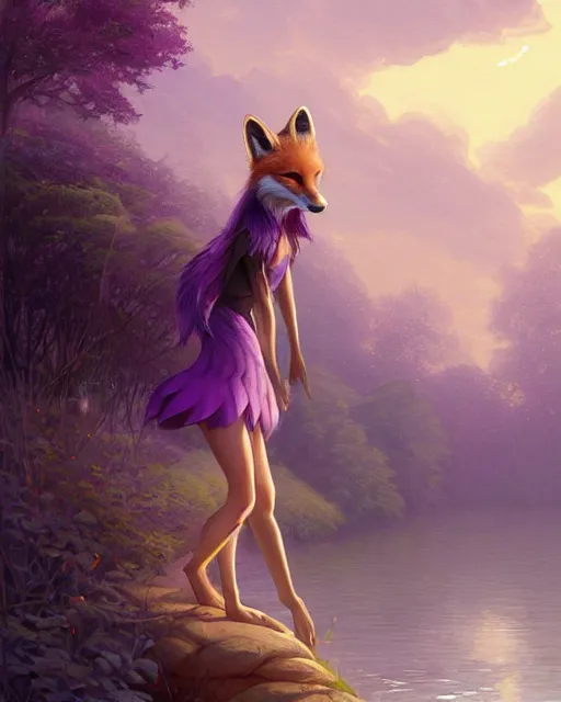 Image similar to an anthropomorphic fox girl with purple hair wearing a simple sundress, this fox has a pronounced snout and two pointed black ears, beautiful lake background, illustration by greg rutkowski, thomas kindkade, loish, artstation, furaffinity, deviantart