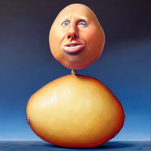 Prompt: the anthropomorphic potato elon musk by john byrne, photorealistic oil on canvas