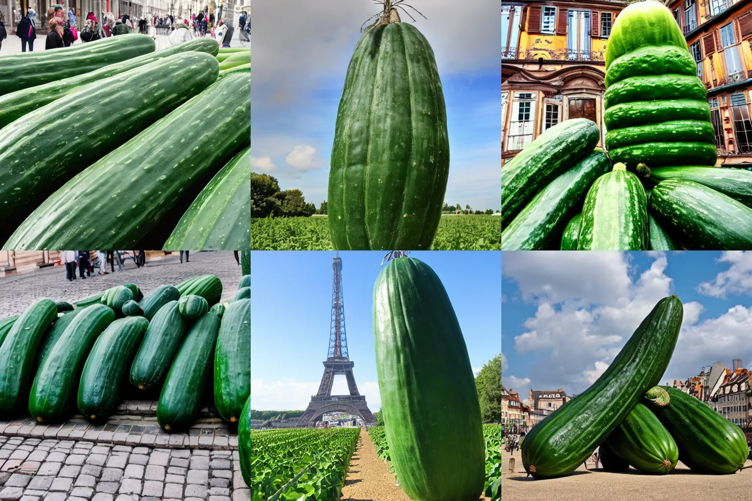 Prompt: The giant cucumber of France, clear weather, tourist vacation photos