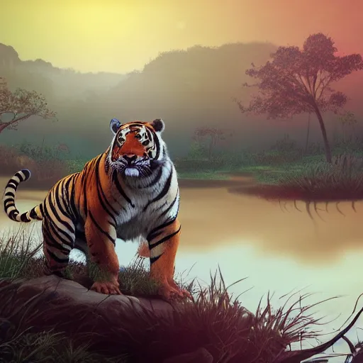 Image similar to anthro tiger bandit standing in swamp water gazing at the sunset, fantasy, studio ghibli, dungeons & dragons, wide shot, dramatic lighting, dynamic, ultra realistic, ultra detailed, colorful, 8 k, thin line work, trending on artstation