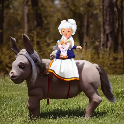 Image similar to cute donald trump riding a donkey wearing a maid outfit, realistic, photography, 8 k, award winning, kawaii