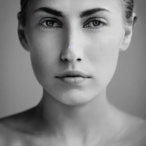 Image similar to minimalist photography portrait of a merowinger woman, symmetrical, super close up, mid thirties, cute round slanted eyes, caucasian, wide nostrils, high cheekbones, high flat eyebrows, angelic, ethereal essence, leica 1 0 0 mm f 0. 8