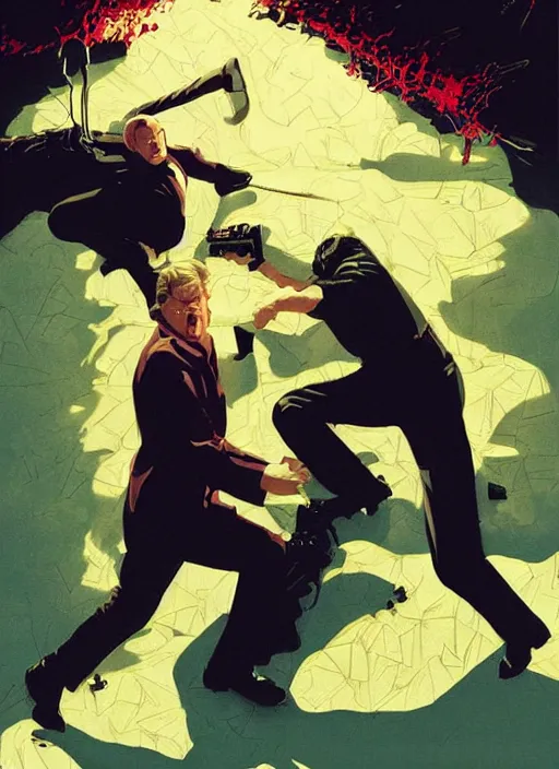 Image similar to poster artwork by Michael Whelan and Tomer Hanuka, Karol Bak of Tom Cruise attacking Philip Seymour Hoffman, from scene from Twin Peaks, clean