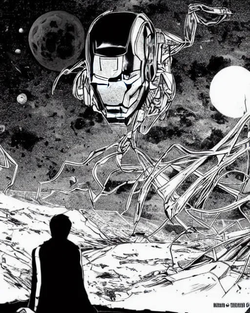 Image similar to black and white sad iron man with shawarma on hands on the destroed moon, wires earth background, by tsutomu nihei