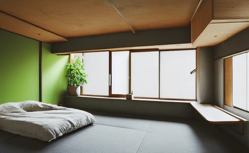 Image similar to a japanese bedroom interior, minimalist, bed, cupboards, wood, concrete, green walls, bright, windows, plants, carpet, moody light, view of a inner courtyard, retro futuristic, earth colors