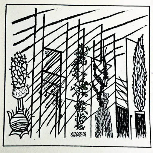 Image similar to a sharpie drawing of a bauhaus plant garden