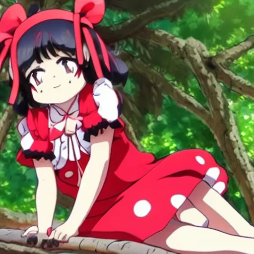 Image similar to a sakuga of reimu in the jungle wearing bonnet