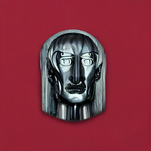 Image similar to transhumanism, metal badge with a hair clip