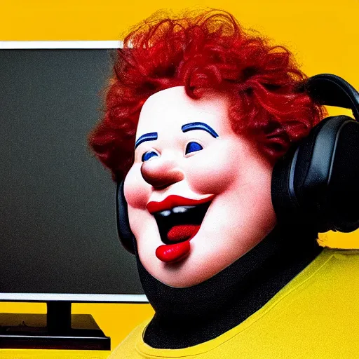 Prompt: obese Ronald Mcdonald wearing a headset yelling at his monitor while playing WoW highly detailed wide angle lens 10:9 aspect ration award winning photography by David Lynch esoteric erasure head