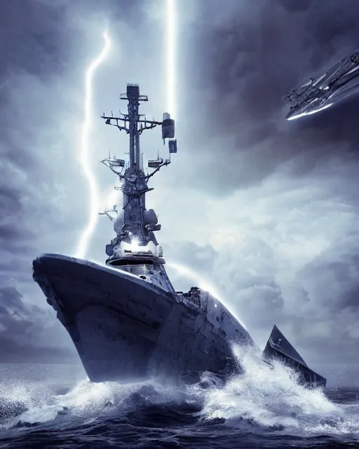 Image similar to scifi action scene of a fishing boat on stormy seas, a gigantic star destroyer spaceship flying overhead, the gigantic star destroyer spaceship is emerging from storm clouds, sunset lighting, stormy weather, dramatic lighting, unreal engine, hyper realism, realistic shading, cinematic composition, realistic render, octane render, detailed textures, photorealistic, ultrawide shot, 1 6 mm lens