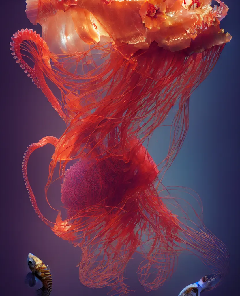 Image similar to human thorax, jellyfish phoenix head, nautilus, orchid, skull, betta fish, bioluminiscent creatures, intricate artwork by Tooth Wu and wlop and beeple. octane render, trending on artstation, greg rutkowski very coherent symmetrical artwork. cinematic, hyper realism, high detail, octane render, 8k