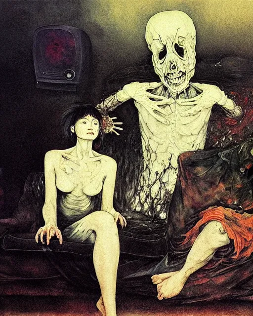 Image similar to an old dead couple sitting on a couch in a messy living room in an old apartment watching the televison on fire,  Francisco Goya painting, part by Beksiński and EdvardMunch. art by Takato Yamamoto and Peter Mohrbacher, Francis Bacon masterpiece