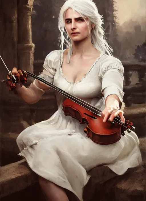 Image similar to portrait of ciri from the witcher in a white dress playing the violin. by Daniel F. Gerhartz, hyperrealistic oil painting, 4k, very detailed faces, studio lightning