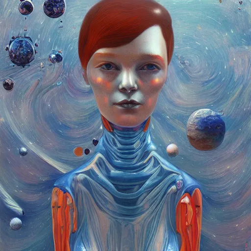 Image similar to oil painting of a humanoid lady lost in space, james jean