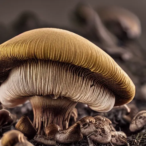 Prompt: golden teacher mushroom in backlighting to dropping spores, unreal engine, closeup