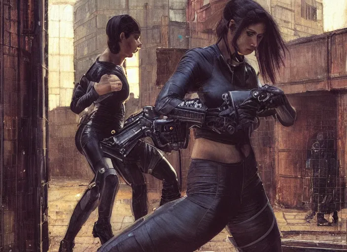 Prompt: Maria evades sgt Nash. Cyberpunk hacker in jumpsuit escaping menacing police troopers (blade runner 2049). beautiful face. armbar. Iranian orientalist portrait by john william waterhouse and Edwin Longsden Long and Theodore Ralli and Nasreddine Dinet, oil on canvas. Cinematic, hyper realism, realistic proportions, dramatic lighting, high detail 4k