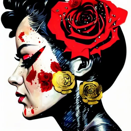 Image similar to portrait of britainwoman :: side profile :: in ocean :: roses and guns metal details :: gold :: blood and horror :: by marvel and Sandra Chevrier