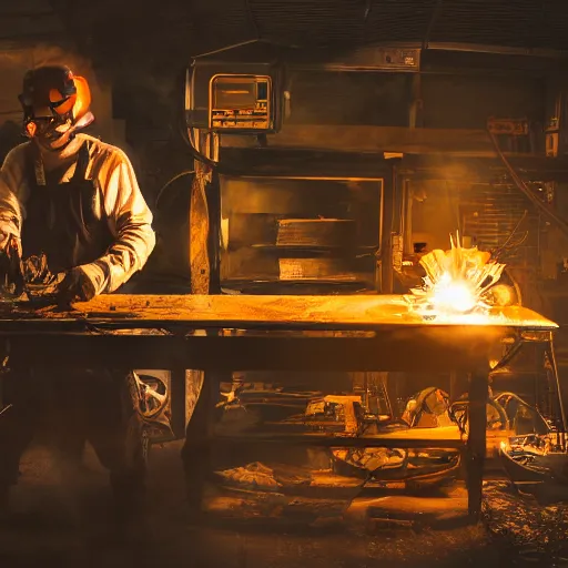 Image similar to cyborg toaster oven repairman, dark messy smoke - filled cluttered workshop, dark, dramatic lighting, orange tint, sparks, plasma rays, cinematic, highly detailed, sci - fi, futuristic, movie still