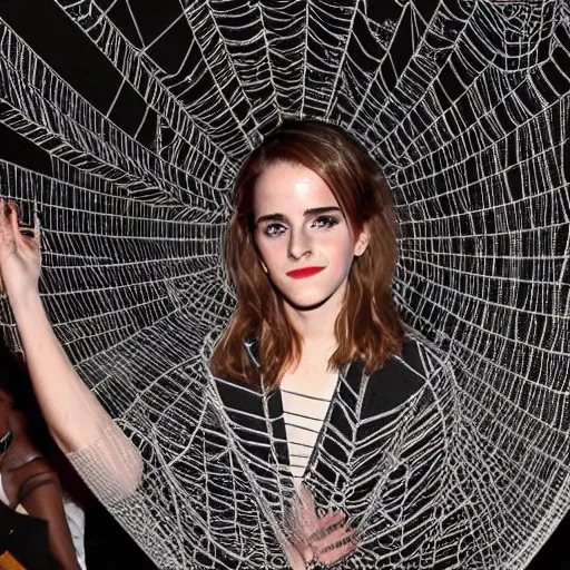 Image similar to emma watson stuck to the ceiling with a giant spider web