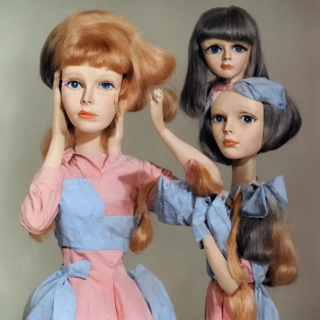 Prompt: 1 9 6 0 s mia farrow as an animatronic doll by margaret keane,