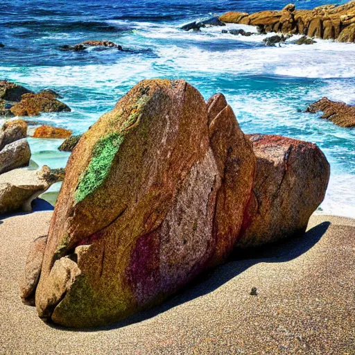 Prompt: fresnel lens amongst multicolored boulders on a beach