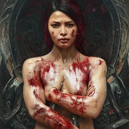 Image similar to portrait painting of a muscular bloodied dark nepali female butcher back, ultra realistic, concept art, intricate details, eerie, highly detailed, photorealistic, octane render, 8 k, unreal engine. art by artgerm and greg rutkowski and alphonse mucha