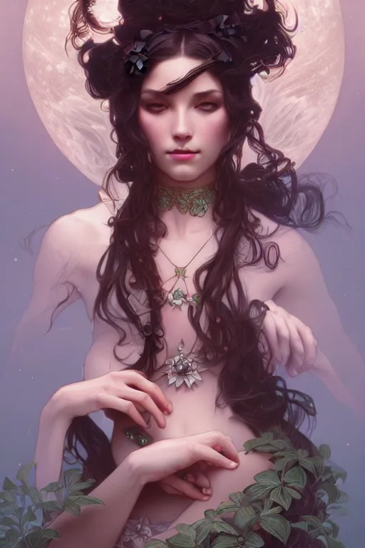 Image similar to moonlight, dark fantasy, intricate, elegant, highly detailed, digital painting, artstation, concept art, matte, sharp focus, illustration, art by artgerm and alphonse mucha