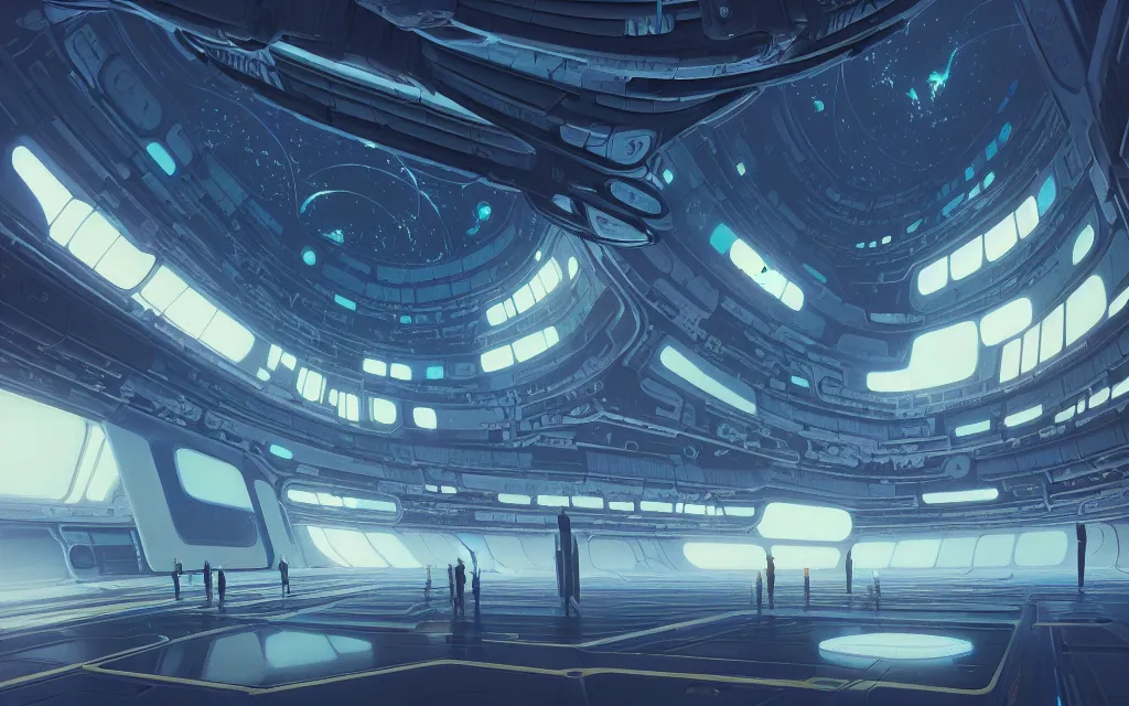 Image similar to A beautiful painting of interior hangar of a futuristic science fiction space station, intricate, highly detailed, digital painting, illustration, artgram, by beeple, studio ghibli, trending on artstation