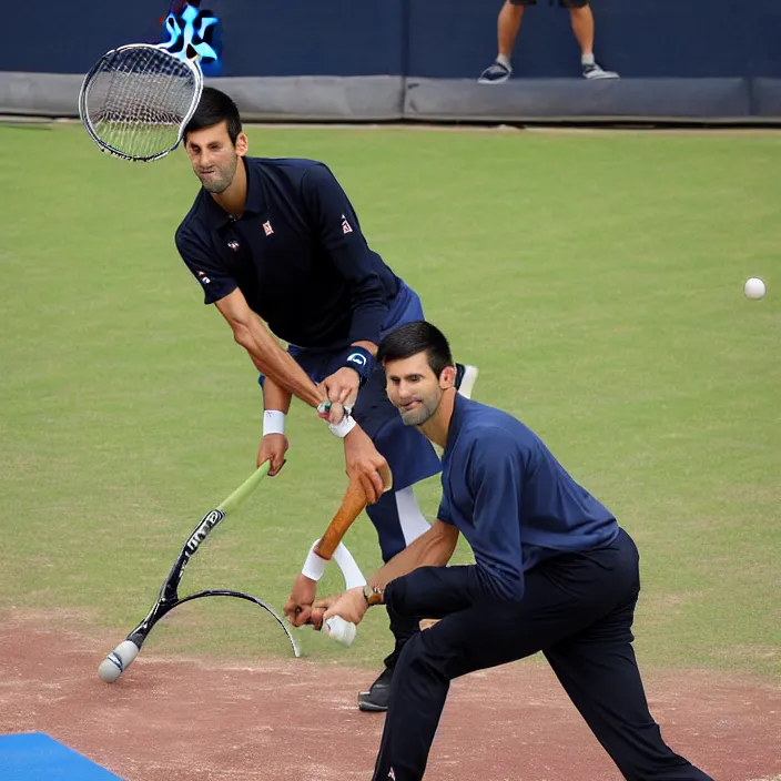 Prompt: novak djokovic taking batting practice with the ny yankees. novak uses a tennis racket instead of a baseball bat. professional photography