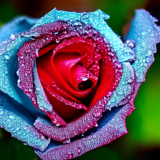 Image similar to A 4k photo of a blue rose, morning dew on the rose, high contrast