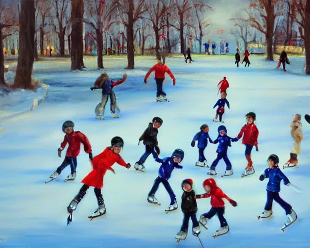 Image similar to Children ice skating. Oil painting by Norbert Schwontkowski.