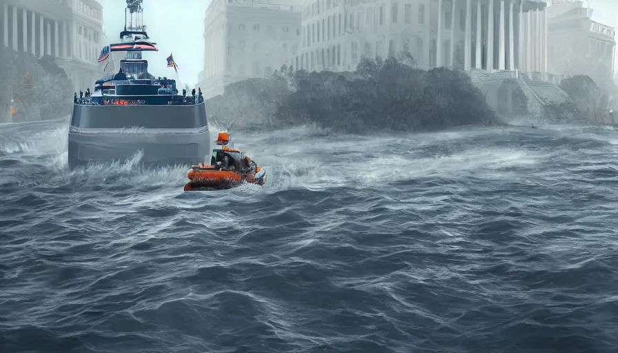 Image similar to lifeboat crossing washington dc streets after humongous tsunami, drowned white house, hyperdetailed, artstation, cgsociety, 8 k