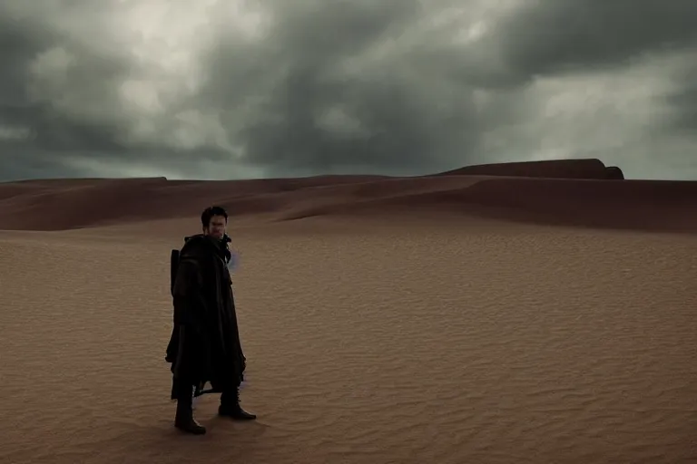 Image similar to a cinematic wide angle shot of a man in his early twenties, in the 2 0 2 1 movie dune, stormy weather, dry, film still, cinematic, dramatic lighting, by zack snyder