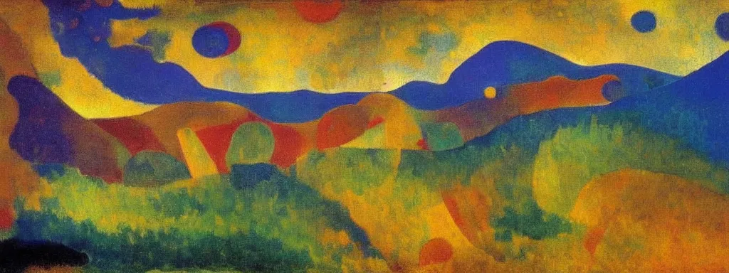 Prompt: An insane, modernist landscape painting. Wild energy patterns rippling in all directions. Curves, organic, zig-zags. Mountains, clouds. Rushing water. Waves. Psychedelic dream world. Ethereal. Odilon Redon. Andre Derain.